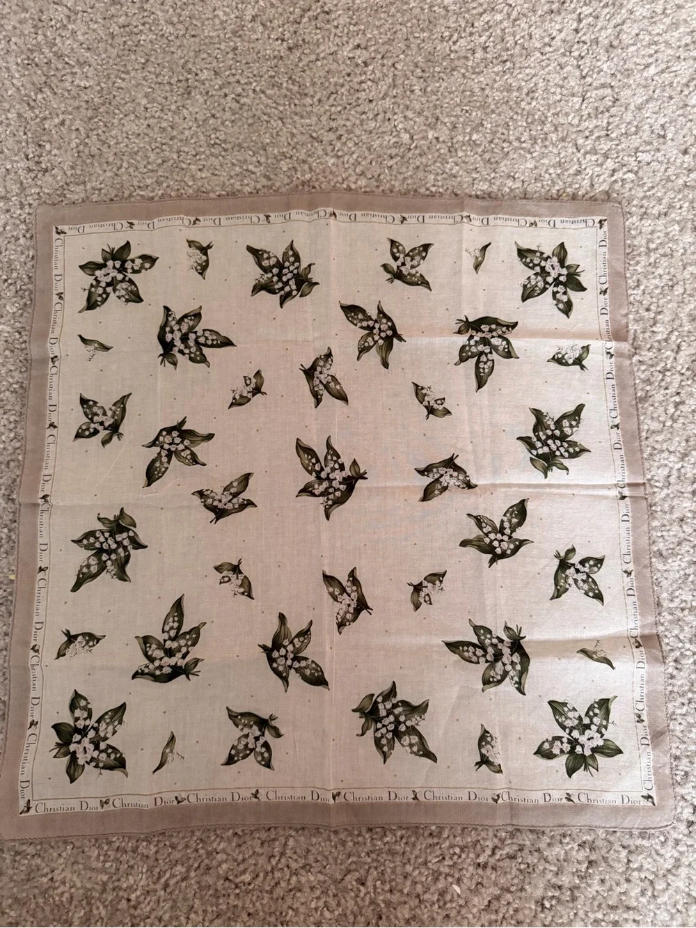 Dior Cream Silk Napkin with Green Floral Motif